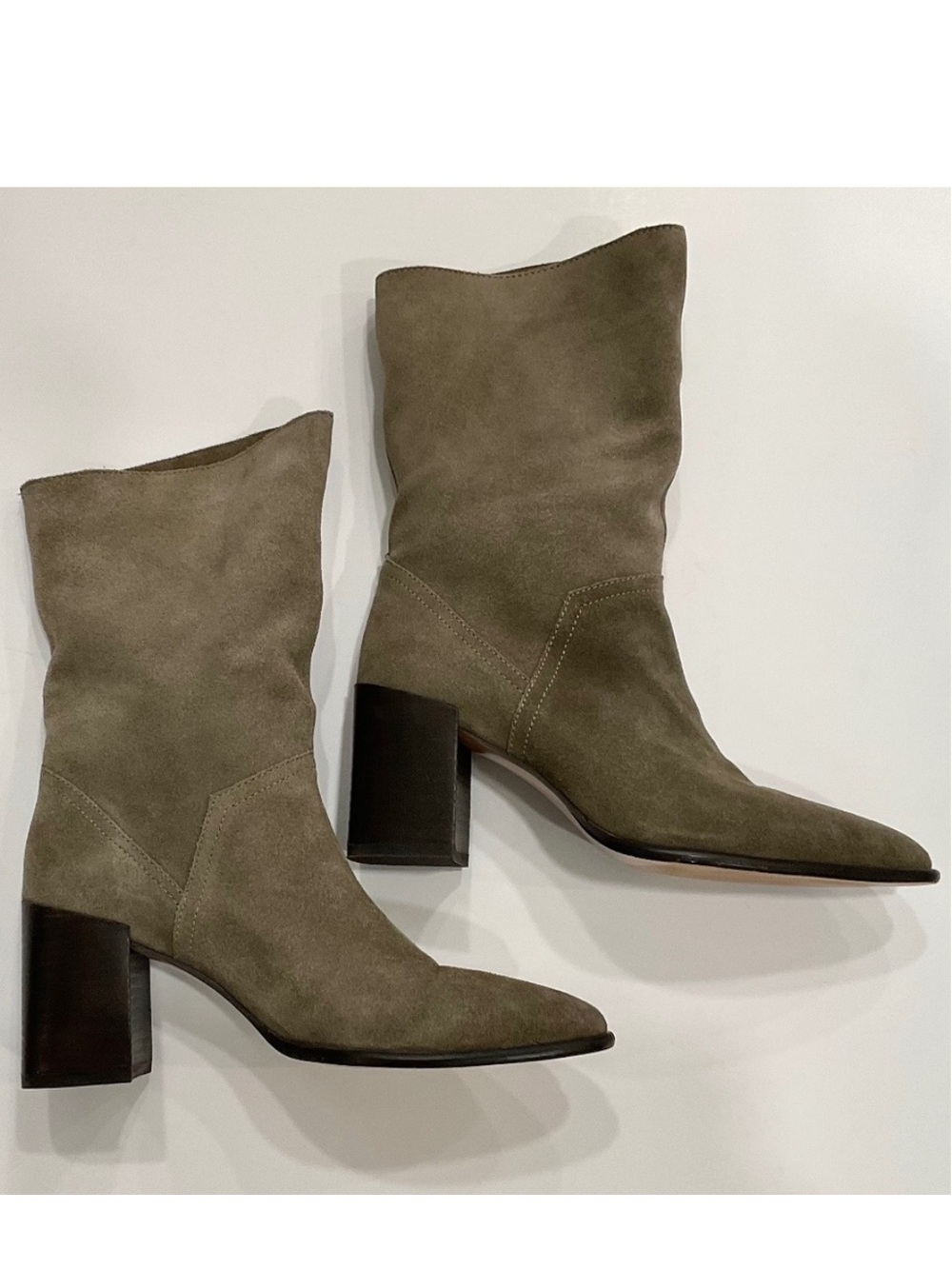 ZARA Leather Heeled Boots in Olive Size 6.5 EU 37